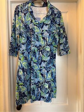 Ana Clare Sophie High Ruffle Collar 3/4 Sleeve Dress in Atlantis NWT